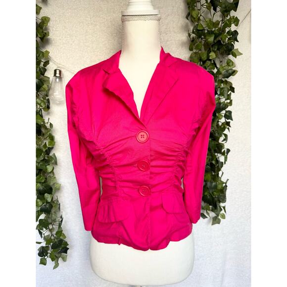 Vintage Vixen Hot Pink Cotton 3/4 Sleeves Shoulder Pads Cropped Blazer Blouse - Picture 3 of 13